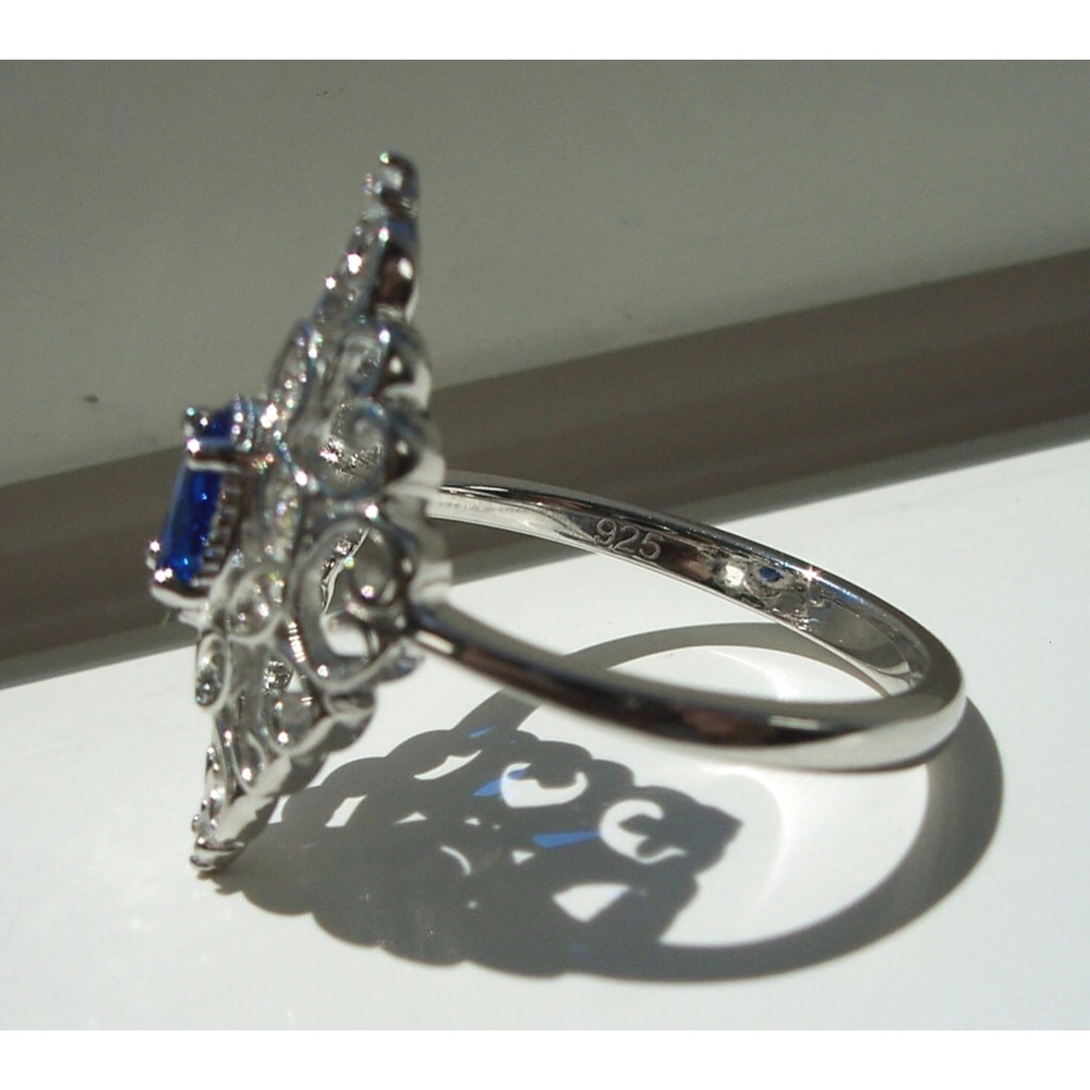 925 STERLING SILVER Simulated Blue Sapphire Cubic Zirconia Filigree Ring - Picture 10 of 16